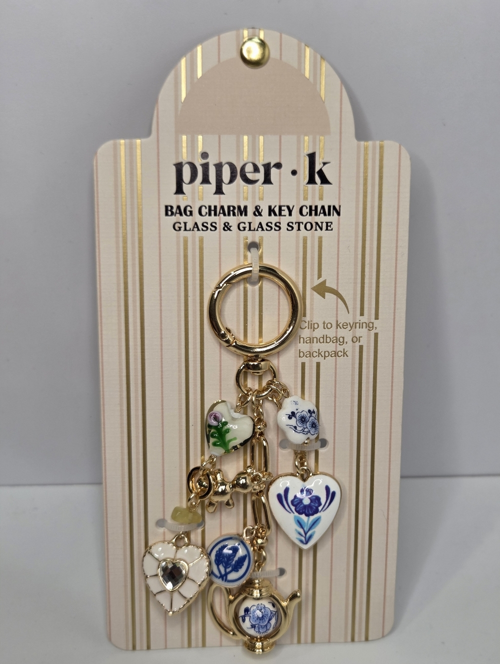🤍▪️piper k▪️ UK Gold and White Teapot Glass/Glass Stones Floral Bag Charm